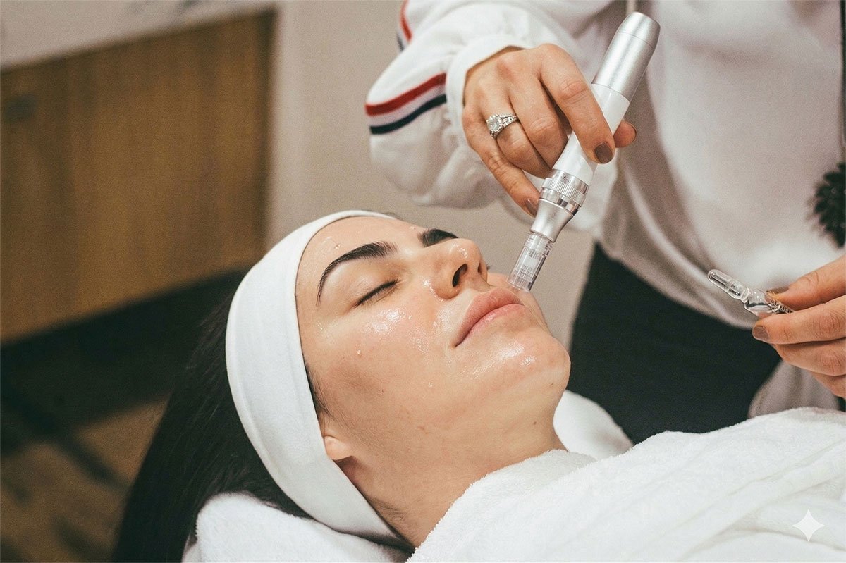 Professional microneedling skin booster treatment being performed at an aesthetic clinic
